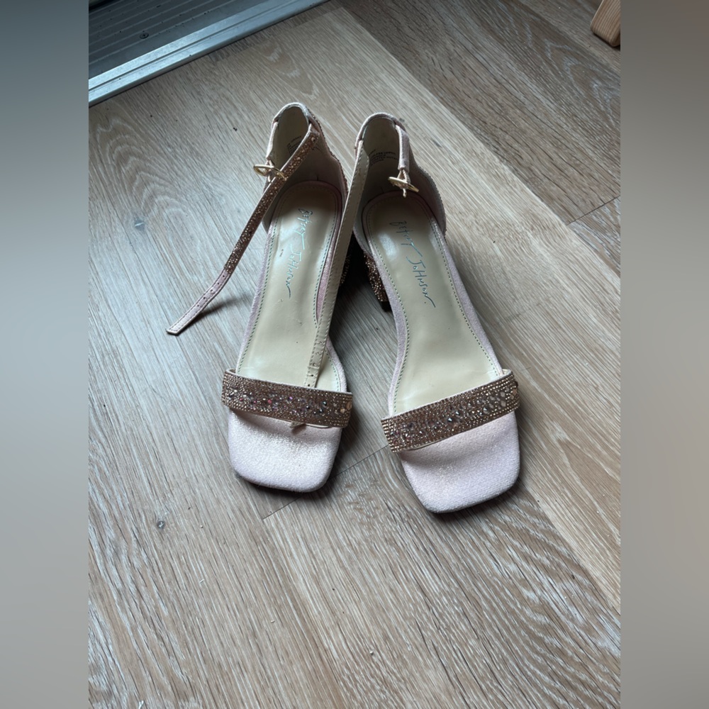 Rose gold Betsy’s Johnson shimmer rhinestone wedding sandals